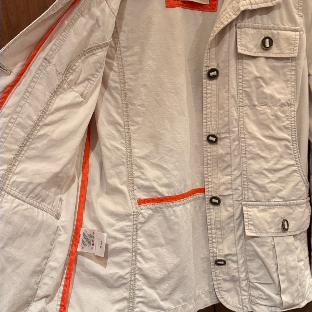 Eddie Bauer cotton canvas tan safari shirt jacket Orange trim women’s S - Picture 6 of 11